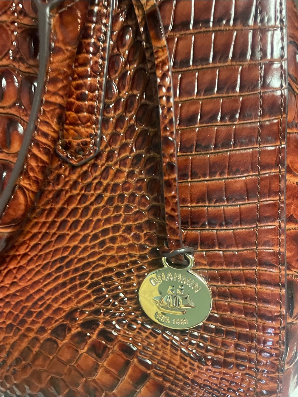 Brahmin Chestnut Croc-Embossed Leather Satchel with Wallet-Pristine - Picture 9 of 10